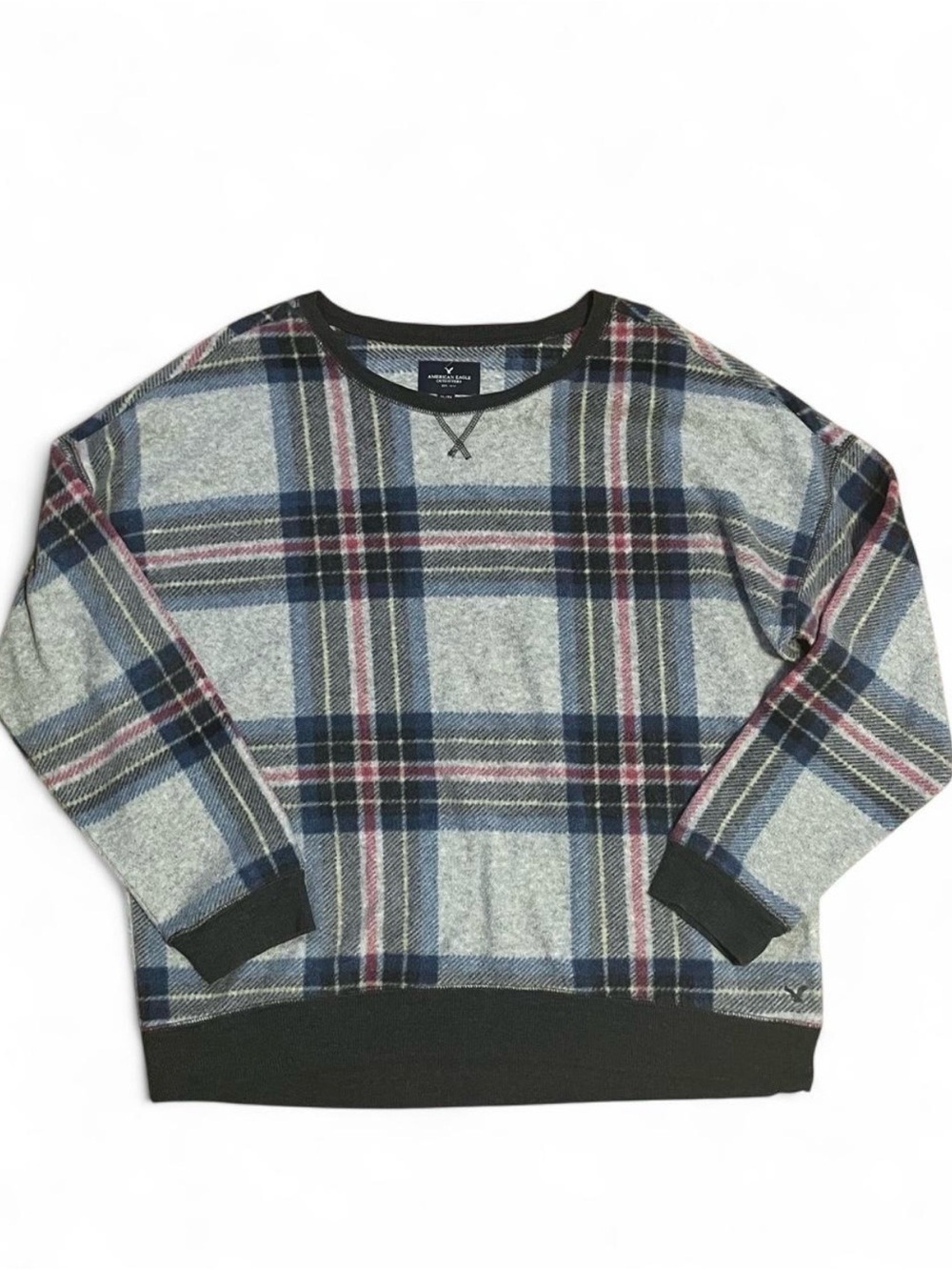 American Eagle Plaid Crewneck Sweater in Pink, Gray and Blue
